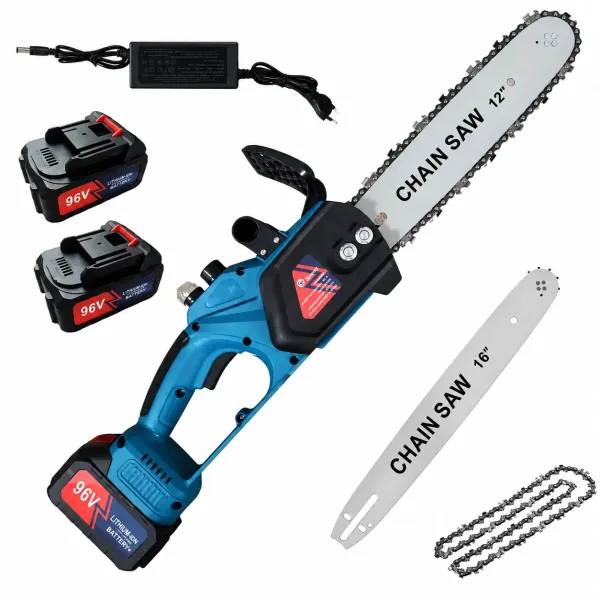 Аккумуляторная цепная пила DOMOTEC Chain Saw 12″/16″ 96V • Садовая аккумуляторная пила DOMOTEC Chain Saw 12″/16″ 96V с 2 шинами 305/406 мм и 2 аккумуляторами