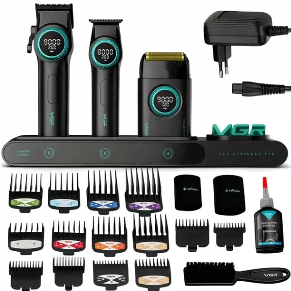 Аккумуляторный набор для стрижки VGR Stepless Pro 3 in 1 с зарядной станцией • Машинка, триммер и электробритва с 14 насадками