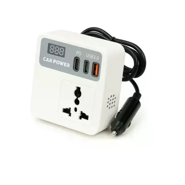 Автомобільний інвертор Car Power 150W 12V–220V • Перетворювач напруги від прикурювача 12V у 220V з 2 USB, Type-C PD та дисплеєм