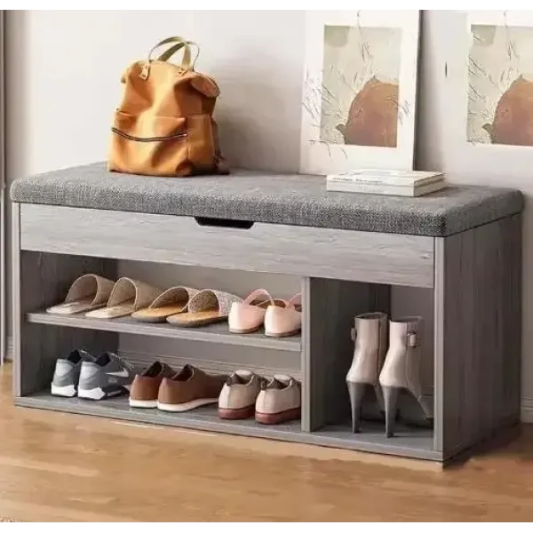 Банкетка в прихожую STL-MD 79 • Компактная серая тумба-сиденье с мягкой подушкой и ящиком