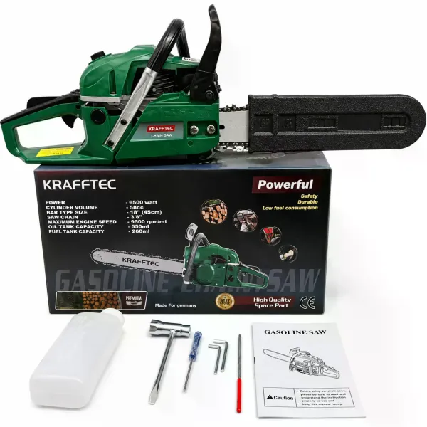 Бензопила KRAFFTEC 6500 Вт 45 см • Бензинова ланцюгова пилка KRAFFTEC 58 см³ 9500 об/хв із шиною 45 см для дров і саду