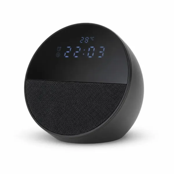 Bluetooth-колонка ECHQ Spot с цифровыми часами, будильником и термометром • Настольный гаджет 4 в 1 с круглым корпусом и тканевой панелью для тумбочки, стола и кабинета