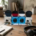 Bluetooth-колонка ECHQ Spot с цифровыми часами, будильником и термометром • Настольный гаджет 4 в 1 с круглым корпусом и тканевой панелью для тумбочки, стола и кабинета