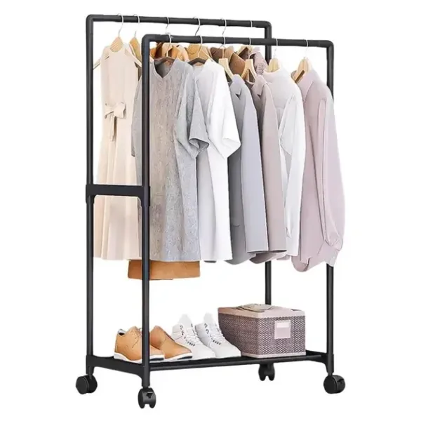 Стойка-вешалка на колёсах для вещей и обуви YH9918-1 • Универсальная передвижная стойка для одежды с полкой
