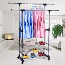 Двойная стойка – вешалка телескопическая на колесиках с полками для одежды и обуви Triple Stand Hanger Двойная стойка – вешалка телескопическая на колесиках с полками для одежды и обуви Triple Stand Hanger