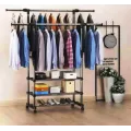 Двойная стойка – вешалка телескопическая на колесиках с полками для одежды и обуви Triple Stand Hanger