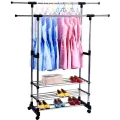 Двойная стойка – вешалка телескопическая на колесиках с полками для одежды и обуви Triple Stand Hanger