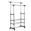 Двойная стойка – вешалка телескопическая на колесиках с полками для одежды и обуви Triple Stand Hanger