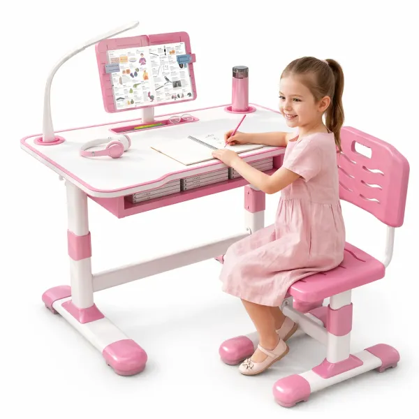 Детская парта со стулом регулируемая с лампой и подставкой для книг X-391 70×46 см розовая • Комплект растущая парта и стул для учебы, рисования и занятий дома • Детский стол со стулом для девочки