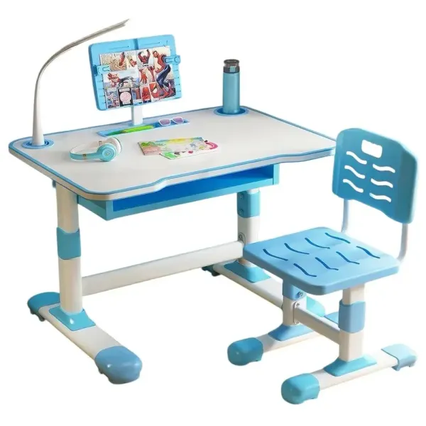 Детская парта со стулом регулируемая с лампой и подставкой для книг X-390 70×46 см синяя • Комплект растущая парта и стул для учебы, рисования и занятий дома • Детский стол со стулом для девочки