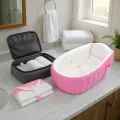 Детская ванночка Intime JS033 надувная, розовая, 98×65×28 см • Портативная ванна для новорожденных и малышей с мягкими бортиками, подушкой-подголовником, карманом и ножным насосом