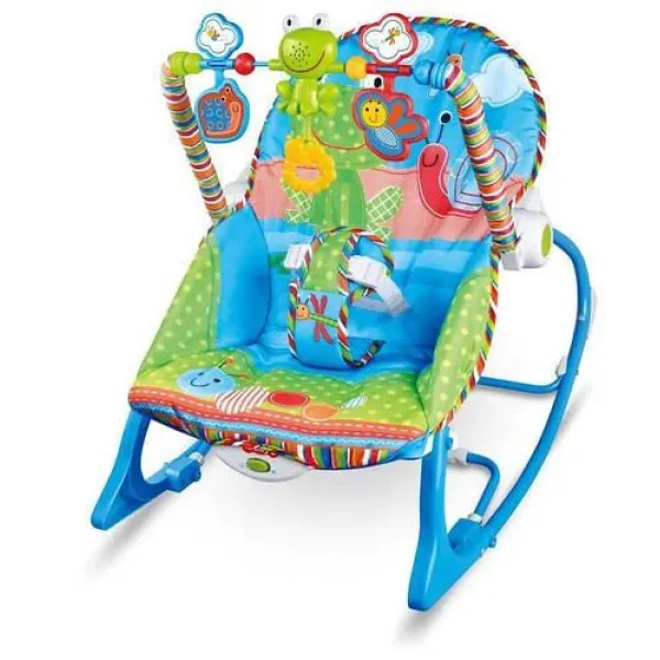 Детское кресло-качалка 68110-1 синий X-642 • Шезлонг-качалка для новорожденных с вибрацией, регулируемой спинкой, игрушками и ремнями безопасности