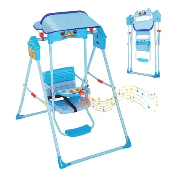 Детские складные качели для дома голубые X623 с козырьком • Напольная качеля для малыша со световыми и звуковыми эффектами, ремнями безопасности и подставкой для ног