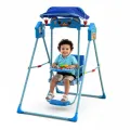 Детские складные качели для дома голубые X623 с козырьком • Напольная качеля для малыша со световыми и звуковыми эффектами, ремнями безопасности и подставкой для ног