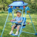 Детские складные качели для дома голубые X623 с козырьком • Напольная качеля для малыша со световыми и звуковыми эффектами, ремнями безопасности и подставкой для ног
