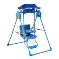 Детские складные качели для дома голубые X623 с козырьком • Напольная качеля для малыша со световыми и звуковыми эффектами, ремнями безопасности и подставкой для ног