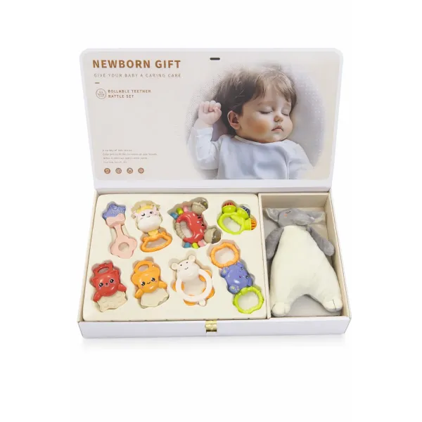 Детский набор погремушек для новорожденных 9 в 1 X-653 • 8 погремушек и мягкая игрушка в подарочной коробке для малыша с рождения