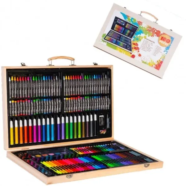 Детский набор для рисования и творчества 180 предметов в деревянном чемоданчике-кейсе