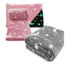 Детский плед светящийся в темноте ∙ Люменисцентный неоновый плед – одеяло со звездами ∙ Покрывало «день-ночь» Серое / Розовое