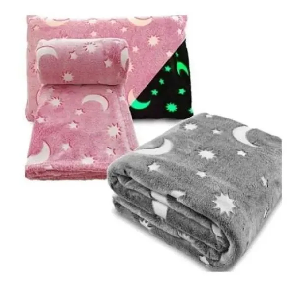 Детский плед светящийся в темноте ∙ Люменисцентный неоновый плед – одеяло со звездами ∙ Покрывало «день-ночь» Серое / Розовое