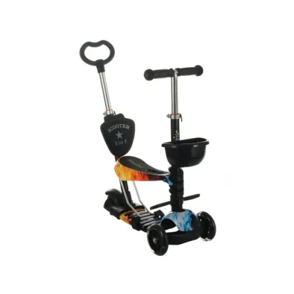 Детский самокат 18-2 с родительской ручкой и сиденьем • Самокат-каталка для детей цвет Огонь и Лед с сиденьем для прогулок и комфортного катания