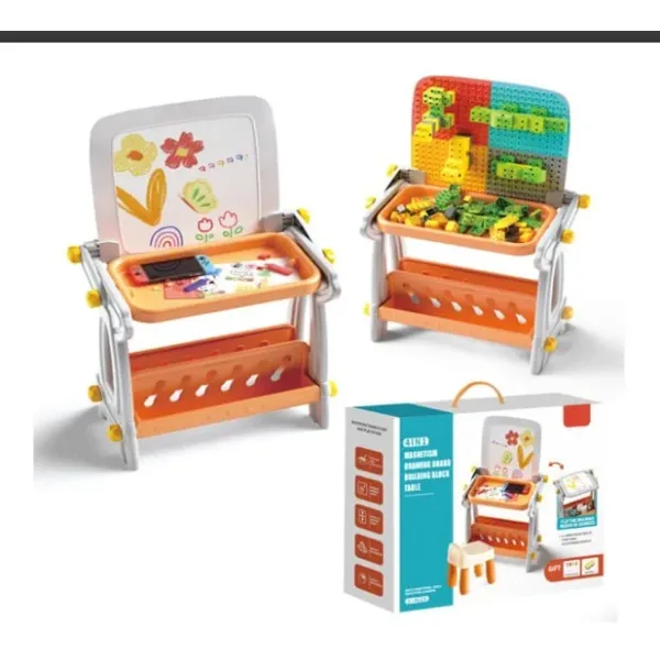 Детский стол B8020 магнитная доска для рисования конструктор из блоков • Развивающий набор стол мольберт магнитная доска и конструктор 4 в 1