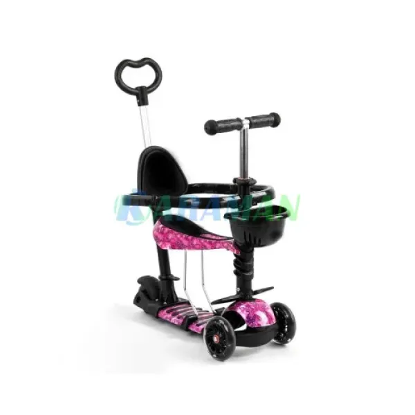 Детский трехколесный самокат 18-4 с родительской ручкой, бортиком и сиденьем • Самокат-трансформер с корзинкой и LED-колесами