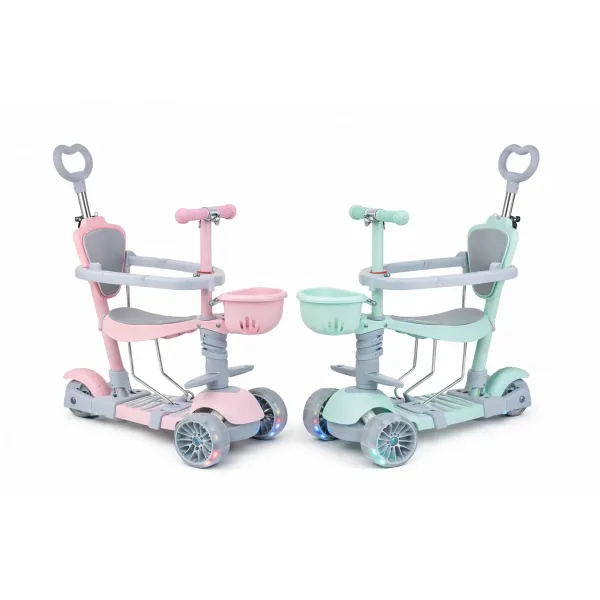 Детский трехколесный самокат 18-9 с родительской ручкой, бортиком и сиденьем • Самокат-трансформер 18-9 с широкими колесами, регулируемым рулем и расцветками 