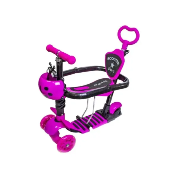 Детский трехколесный самокат 5 в 1 с родительской ручкой, бортиком и сиденьем 18-7 • Самокат-трансформер с корзинкой, светящимися колесами и регулировкой руля