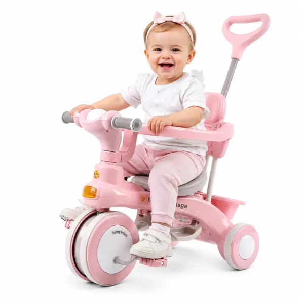 Дитячий триколісний велосипед Baby Carriage 588 рожевий з батьківською ручкою • Велосипед-коляска Baby Carriage 588 для малюків з кошиком і козирком