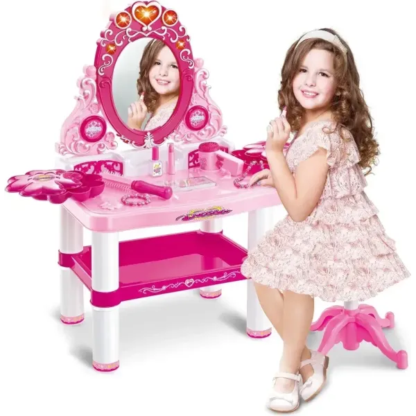 Детский туалетный столик с зеркалом и табуретом Beauty X-386 • Игровое трюмо для девочки с подсветкой, звуком, феном и аксессуарами
