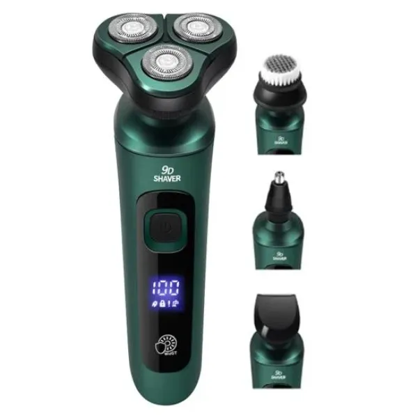 Електробритва 4 в 1 Shaver 9D зелена • Чоловіча акумуляторна роторна бритва з тримером, насадкою для носа, щіткою для обличчя та LCD-дисплеєм