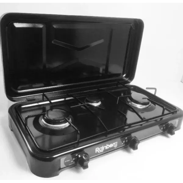 Газовая плита Rainberg RB-003 на три конфорки ∙ Трехконфорочная настольная плитка – таганок с крышкой Черная
