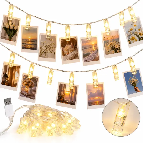 Гирлянда с прищепками LU999 4,5 м 20 LED • Светодиодная фотогирлянда LU999 USB с теплым белым светом для фото и интерьера