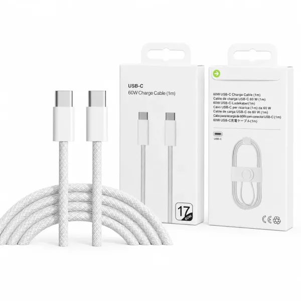 Кабель Type-C–Type-C 26X-198 60W 1 м белый • Кабель USB-C–USB-C 26X-198 для быстрой зарядки iPhone 17 Pro Max с тканевой оплеткой и SIM-ключом