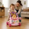 Каталка-ходунки з ігровою панеллю MA570pink, рожева з фіолетовою ручкою • Дитяча штовхалка для перших кроків: піаніно на 3 режими, сортер, шестерні, 4 кульки
