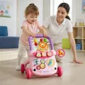 Каталка-ходунки з ігровою панеллю MA570pink, рожева з фіолетовою ручкою • Дитяча штовхалка для перших кроків: піаніно на 3 режими, сортер, шестерні, 4 кульки