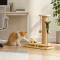 Комплекс-когтеточка для кошек KAT-02, 38×19×41,5 см • вертикальный столб в канате, 2 мячика на подвесе, перья и дорожка с шариком для игры дома