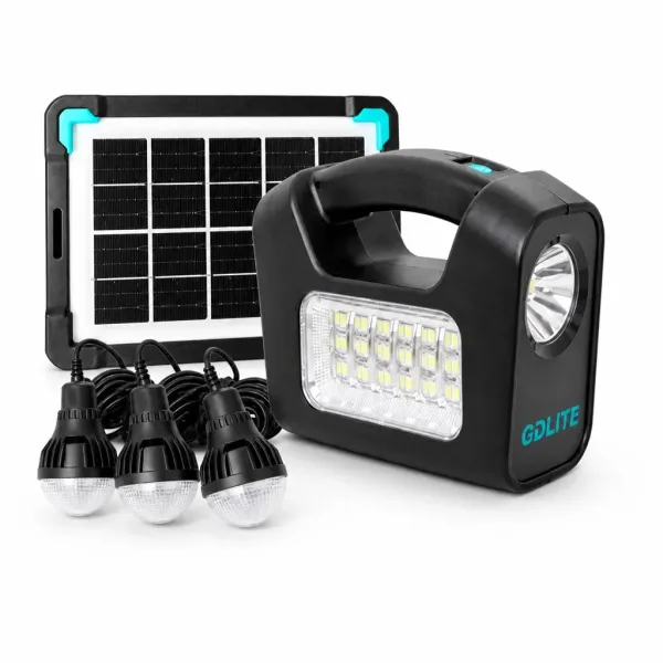 Комплект освітлення на сонячній панелі GDLITE GD-3PRO з трьома LED-лампами • резервне світло з ручним ліхтарем, акумулятором LiFePO4 5 А·год і USB-виходами для дачі, гаража, намету