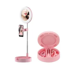 Косметическое складное зеркало с LED подсветкой для макияжа 3 в 1 Держатель телефона + органайзер для косметики