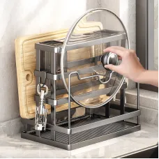 Кухонная стойка - подставка для посуды Dining 3888 · Настольный металлический органайзер для хранения ножей, приборов с поддоном и держателем для крышки