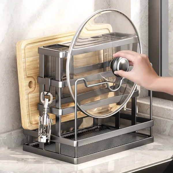 Кухонная стойка - подставка для посуды Dining 3888 · Настольный металлический органайзер для хранения ножей, приборов с поддоном и держателем для крышки