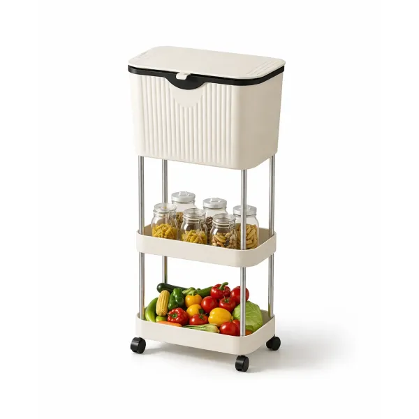 Кухонный візок з урною для сміття для зберігання та організації простору • Багатофункціональна етажерка для кухні на колесах