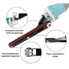 Ленточная шлифовальная насадка на УШМ M10/M14 ES-01 • Переходник под 100/115/125 мм с лентой 520×20 мм для обработки дерева и металла