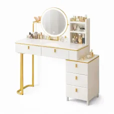 Макияжный стол с круглым LED-зеркалом и тумбой STL-MD 106 • Белый туалетный столик для макияжа, хранения косметики и спальни 120×120×40 см