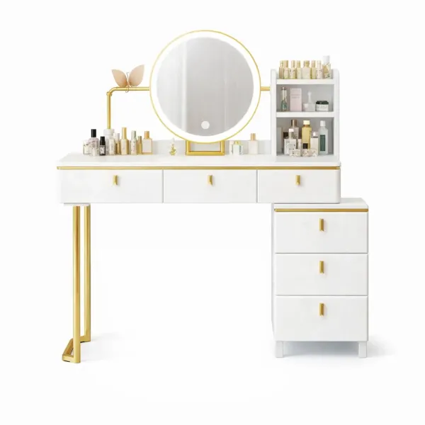 Макияжный стол с круглым LED-зеркалом и тумбой STL-MD 106 • Белый туалетный столик для макияжа, хранения косметики и спальни 120×140×40 см