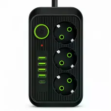 Мережевий фільтр Power Socket F09U 2500 Вт 2 м чорний • Подовжувач Power Socket F09U на 3 розетки з 4 USB, PD Type-C і вимикачем