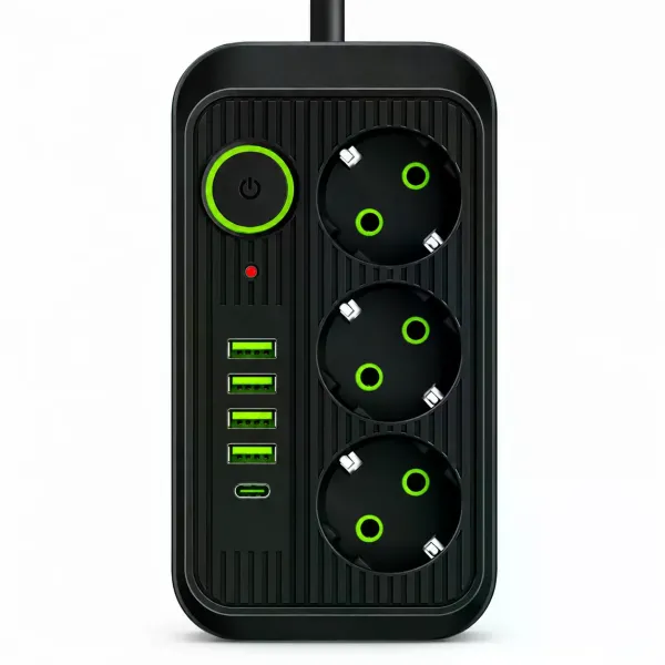 Сетевой фильтр Power Socket F09U 2500 Вт 2 м черный • Удлинитель Power Socket F09U на 3 розетки с 4 USB, PD Type-C и выключателем