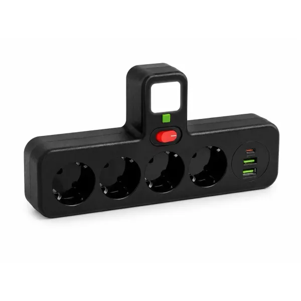 Сетевой фильтр-разветвитель PNS-04 черный с LED-индикатором, 4 розетками 220V, 2 USB и PD Type-C • Мульти-розетка для дома, офиса и зарядки гаджетов