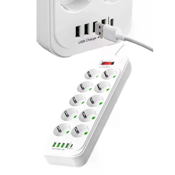 Сетевой удлинитель-фильтр PNS-02/D10 белый 5 м с LED-индикатором, 4 USB и PD Type-C • Разветвитель питания 10–220V для дома, офиса и техники